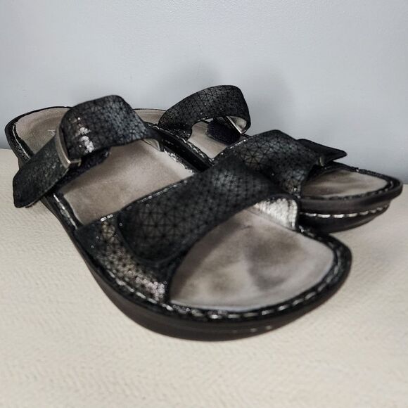Alegria Karmen Metallic Fun Slip On Sandals 41 Black 10.5-11 US Leather Comfort - Picture 1 of 5